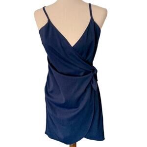 Aqua dress navy blue faux‎ wrap detailed Side tie size large.